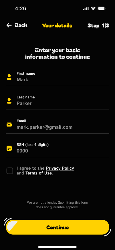 User details form screen